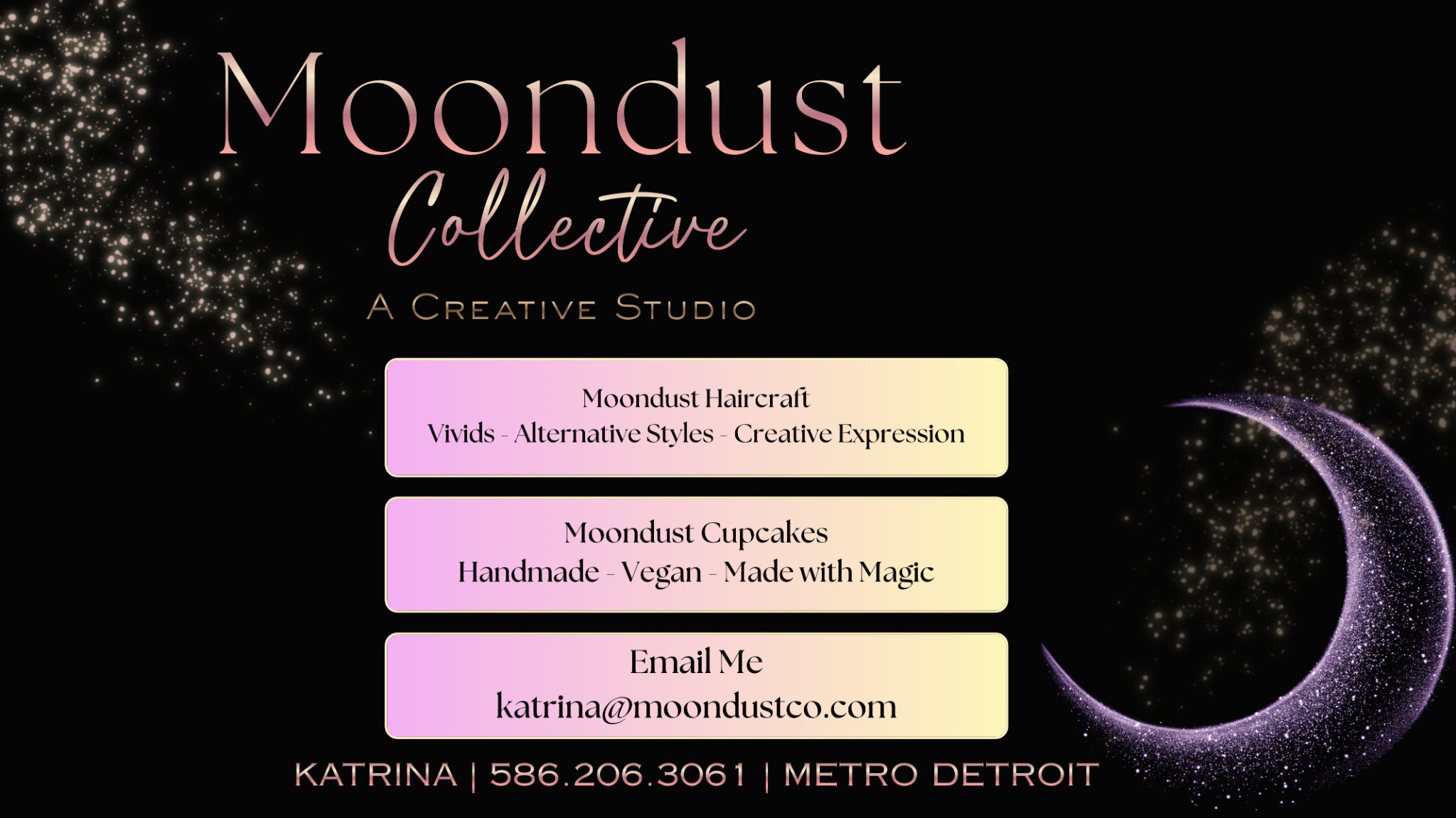 Moondust Collective, a creative studio offering Moondust Haircraft and handmade vegan Moondust Cupcakes in Metro Detroit.