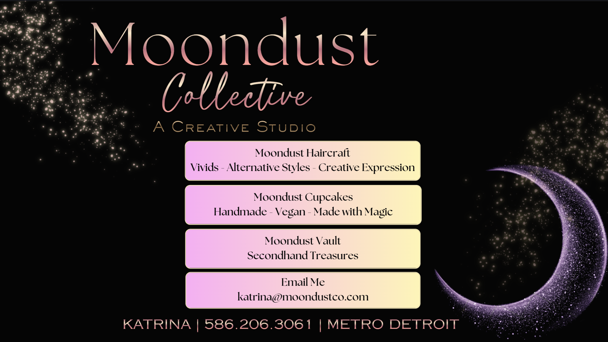 Moondust Collective, a creative studio featuring Moondust Haircraft, Moondust Cupcakes, and Moondust Vault in Metro Detroit.