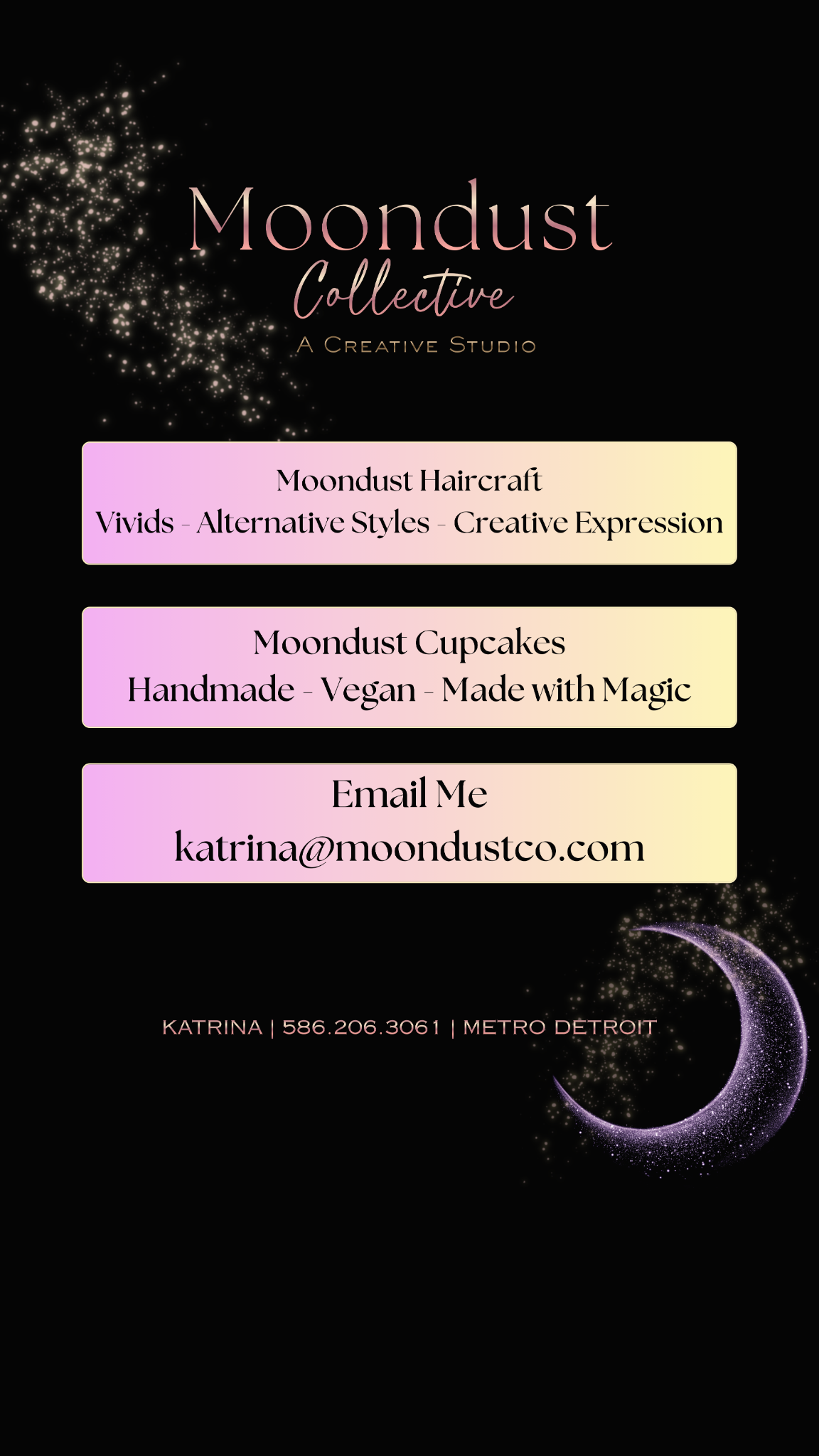 Moondust Collective, a creative studio offering Moondust Haircraft and handmade vegan Moondust Cupcakes in Metro Detroit.