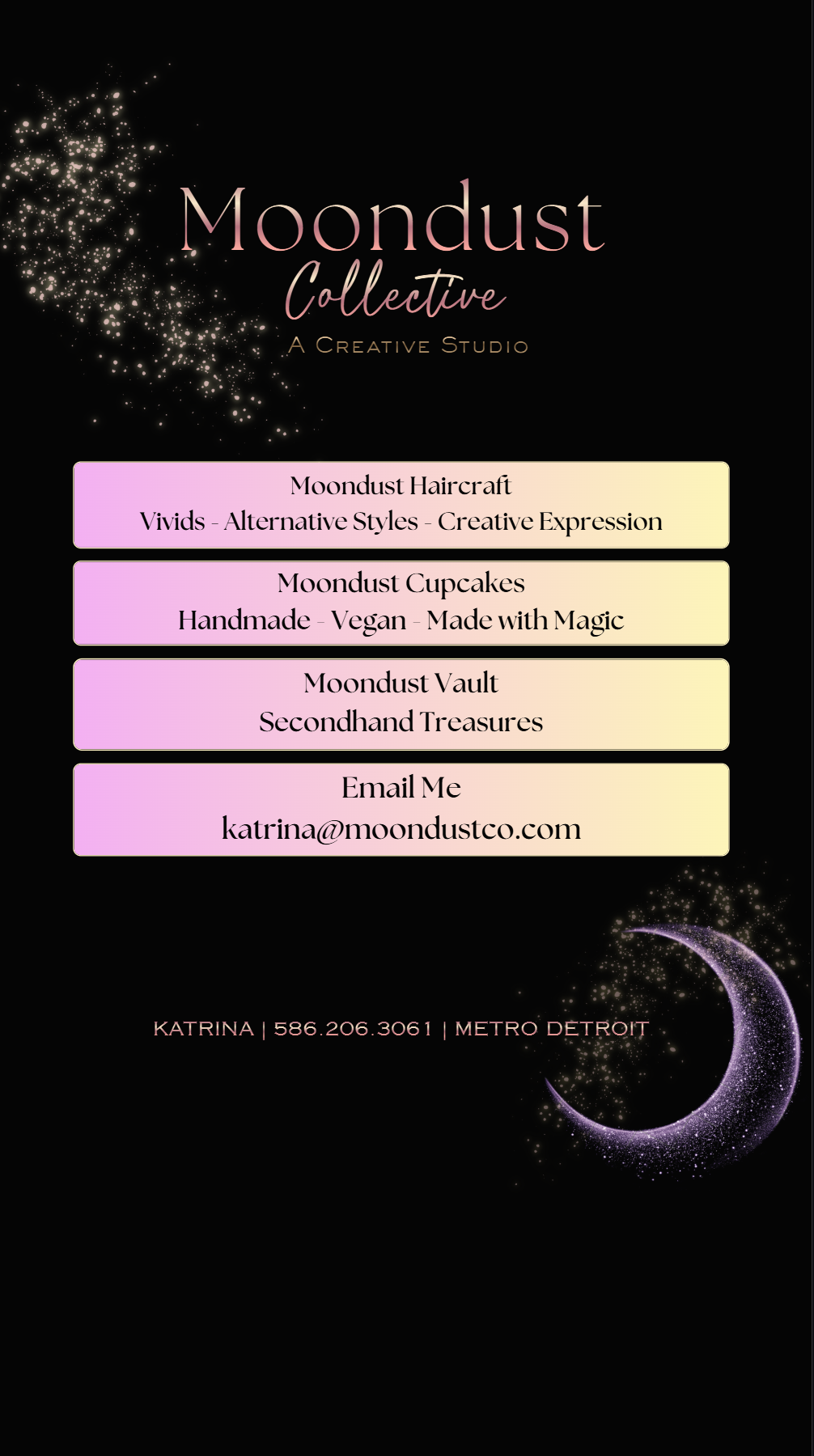Moondust Collective, a creative studio featuring Moondust Haircraft, Moondust Cupcakes, and Moondust Vault in Metro Detroit.